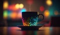 Cup of hot coffee on table with colorful steam, magical atmosphere in coffee house