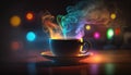 Cup of hot coffee on table with colorful steam, magical atmosphere in coffee house