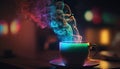 Cup of hot coffee on table with colorful steam, magical atmosphere in coffee house