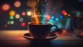 Cup of hot coffee on table with colorful steam, magical atmosphere in coffee house