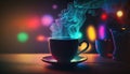 Cup of hot coffee on table with colorful steam, magical atmosphere in coffee house