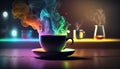 Cup of hot coffee on table with colorful steam, magical atmosphere in coffee house