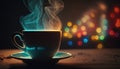 Cup of hot coffee on table with colorful steam, magical atmosphere in coffee house