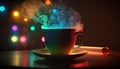Cup of hot coffee on table with colorful steam, magical atmosphere in coffee house