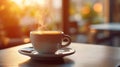 A cup of hot coffee on the table near window in the cafe with morning sunlight, background with copy space, close up shot Royalty Free Stock Photo