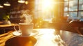 a cup of hot coffee on the table in a stylish cafe, the sun is shining