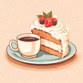 Cup of a hot coffee with a tasty delicious peace of a bithday cake. Sweet bakery and hot beverage. Yummy pie. Isolated vector in Royalty Free Stock Photo