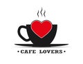 Cup of hot coffee or tea with a heart and the inscription cafe lovers