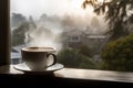 Cup of hot coffee or tea on window sill. Generative AI