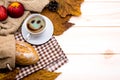 Cup of hot Coffee with toast for Autumn season warm drink. Fall harvest cornucopia. Royalty Free Stock Photo