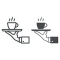 Cup of hot coffee on tray and hand line and solid icon, catering business concept, service vector sign on white Royalty Free Stock Photo