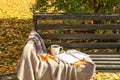 Cup of hot coffee with warm plaid, notebook and autumn leaves on wooden bench in park Royalty Free Stock Photo