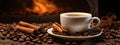Cup of hot coffee on a wooden table. selective focus. Generative AI, Royalty Free Stock Photo