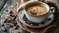 Cup of hot coffee on a wooden table. selective focus. Generative AI, Royalty Free Stock Photo
