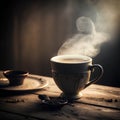 Cup of hot coffee on a wooden table with smoke coming out Royalty Free Stock Photo