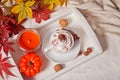 Cup of hot creamy cocoa with froth on the white tray with autumn leaves and pumpkins on the background Royalty Free Stock Photo