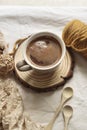 Cup with hot drink, coffee, hot chocolate, macchiato. Lifestyle, hygge concept. Flat lay, top view.Various small elements and ingr Royalty Free Stock Photo