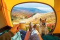 Cup of hot drink in the hand and wonderful view of autumn mountain tops through the open entrance of the tent. The beauty of a Royalty Free Stock Photo