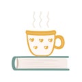 Cup of hot drink standing on closed hardcover book or textbook. Reading, hygge, and cozy concept, vector illustration