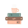 Cup of hot drink standing on pile of vintage books. Reading, hygge, and fairy evening concept, vector illustration