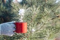 A cup of hot drink tea, coffee or mulled wine in winter nature. Female hand with a red cup. Winter relax comfort and mood Royalty Free Stock Photo