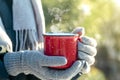 A cup of hot drink tea, coffee or mulled wine in winter nature. Female hand with a red cup. Winter relax comfort and mood Royalty Free Stock Photo