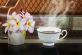 Cup of hot drink , tea cup in luxury vintage but relax, coffee c