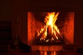 Burning fireplace. Wood burning in a cozy fireplace at home in interior.
