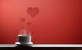 Cup of Hot drinks with stream, on red background with floating red hearts Royalty Free Stock Photo