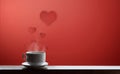 Cup of Hot drinks with stream, on red background with floating red hearts