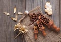 cup of hot espresso among autumn plants on wooden vintage table, coffee on the old board grunge including dried plants Royalty Free Stock Photo