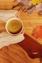 Cup of hot fragrant coffee in the hands of a woman, autumn leaves, an apple, cozy scarves and knitted sweaters, an e-book, flat, Royalty Free Stock Photo