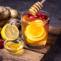 Cup of Hot Ginger Cranberries Tea with Lemon and Honey on Wooden Tray Dark Photo Female Hand Square Healthy Drink Royalty Free Stock Photo