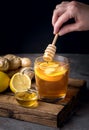 Cup of Hot Ginger Cranberries Tea with Lemon and Honey on Wooden Tray Dark Photo Female Hand Vertical Healthy Drink