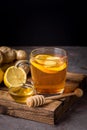 Cup of Hot Ginger Cranberries Tea with Lemon and Honey on Wooden Tray Dark Photo Vertical Healthy Drink