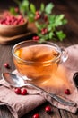 A cup of hot hawthorn tea made from freshly picked berries, herbal medicine for heart health Royalty Free Stock Photo