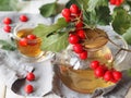 A cup of hot hawthorn tea made from freshly picked berries, herbal medicine for heart health on rustic wooden background Royalty Free Stock Photo