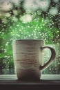 A cup of hot tea in the background rain outside the window. Royalty Free Stock Photo