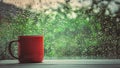 A cup of hot tea in the background rain outside the window. Royalty Free Stock Photo