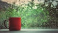 A cup of hot tea in the background rain outside the window.