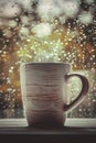 A cup of hot tea in the background rain outside the window. Royalty Free Stock Photo
