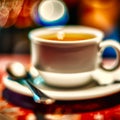 Cup of a hot tea in cafe. Anamorphic bokeh effect. Tilt-shift photo. Tasty aromatic tea in a lovely cup with a saucer