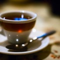 Cup of a hot tea in cafe. Anamorphic bokeh effect. Tilt-shift photo. Tasty aromatic tea in a lovely cup with a saucer