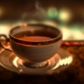 Cup of a hot tea in cafe. Anamorphic bokeh effect. Tilt-shift photo. Tasty aromatic tea in a lovely cup with a saucer