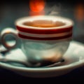 Cup of a hot tea in cafe. Anamorphic bokeh effect. Tilt-shift photo. Tasty aromatic tea in a lovely cup with a saucer