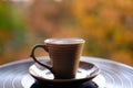 Cup of hot tea, coffee on black vinyl record in the garden, beautiful blurred natural landscape, background of yellow and orange Royalty Free Stock Photo