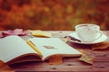 Cup of hot tea or coffee with yellow leaves and notebook on nature background. Concept autumn mood Royalty Free Stock Photo