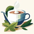 Cup of hot tea with green leaves. Vector illustration in flat style Generative AI Royalty Free Stock Photo