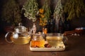 Cup of hot tea with honey, spices and drying medical herbs for use in alternative medicine Royalty Free Stock Photo