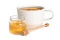 Cup of hot tea with lemon and honey jar Royalty Free Stock Photo